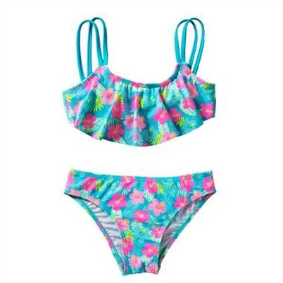 Merched Ruffle Blodau Argraffu Set Swimsuit Dau Darn