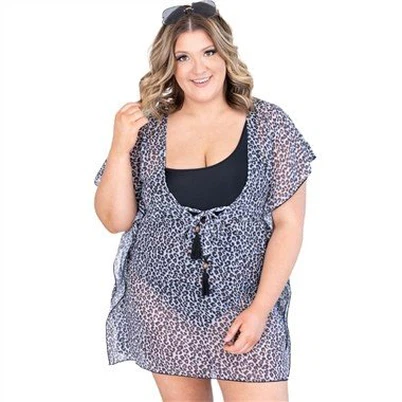Print Drawstring Ruffled Plus Size Kimono