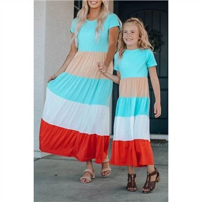 Llewys Byr Lliw Bloc Gwisg Maxi