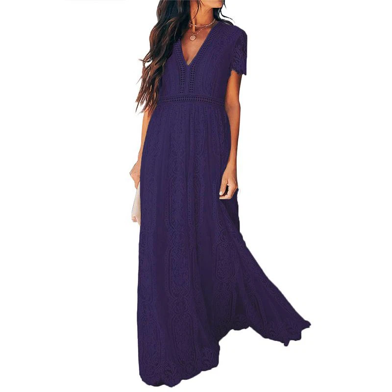 V Gwddf Llewys Byr Lace Gwisg Maxi